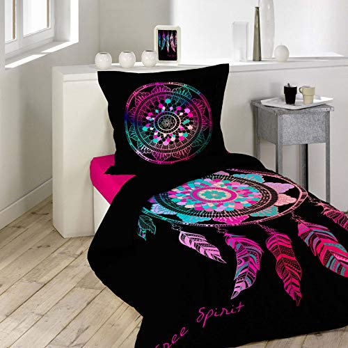 Dynamic24 2tlg. Wende-Bettwäsche 140x200cm Traumfänger 100% Baumwolle Bettdecke Bett Bezug Decke schwarz bunt modern und pflegeleicht