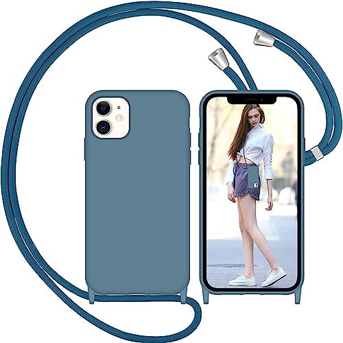 Nupcknn Coque avec Cordon pour iPhone 12/12 Pro, Liquide Silicone Coque Collier Réglable Téléphone Étui Portable Lanyard Case Protection Complète Cover de iPhone 12/12 Pro(Bleu)