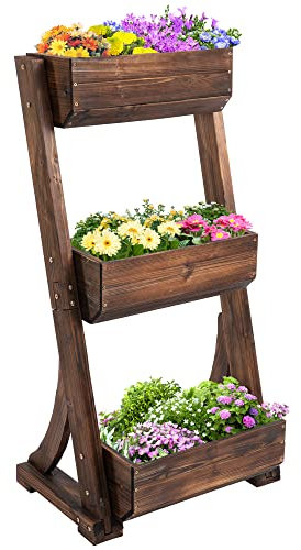 Outsunny Scaffale Porta Piante da Interno, Portafiori in Legno a 3 Livelli, Fioriera da Esterno Letto per Orto Verticale, 61 x 48 x 118cm