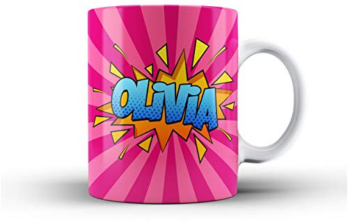 iCaseDesigner Personalised Comic Caption Ceramic Mug with Name or Message - 2. Hot Pink with Blue Text