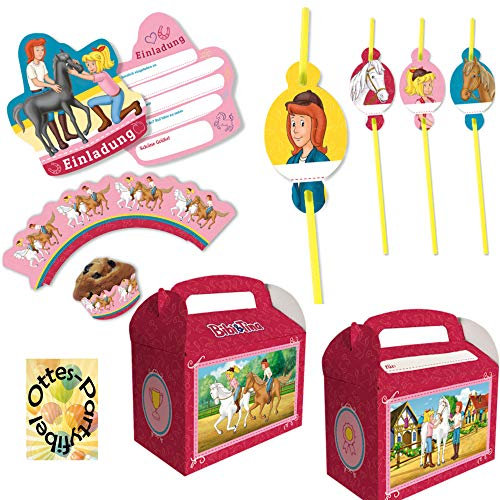 HHO Bibi und Tina-Party-Set Erweiterung 3 : 6 Einladungen 6 Geschenkboxen 8 Papiertrinkhalme 12 Cupcake-Banderolen