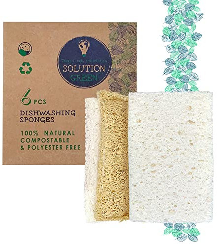 Solution Green Compostable Loofah Dish Sponges x6 | No Polyester & Plastic Free | Zero Waste | Biodegradable Loofah | Natural Cellulose Fibre | Cleaning Eco Friendly Sponges Scourers