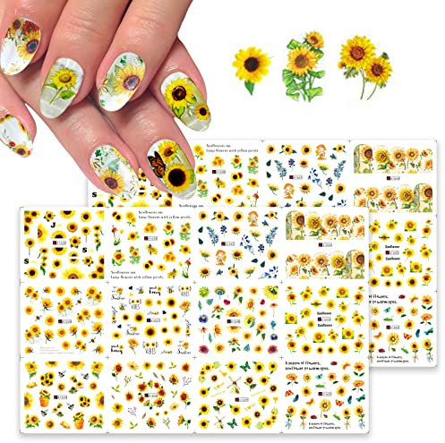 Sunflower Nail Water Stickers Decals,24 Sheets Nail Art Stickers Water Transfer Nail Decals Accessories,HOINCO Summer Nails Design Kit Sticker for Acrylic Nail Decorations