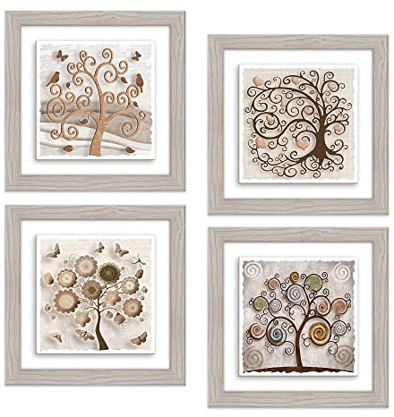 Lupia - Set 4 Quadri in Ceramica stampa in rilievo vivida, TREE Albero della Vita, Cornice Modern Legno Shabby Chic Beige, Decorazione Parete, Idea Regalo, 18x18cm o 29x29cm, Made in Italy 29x29 cm