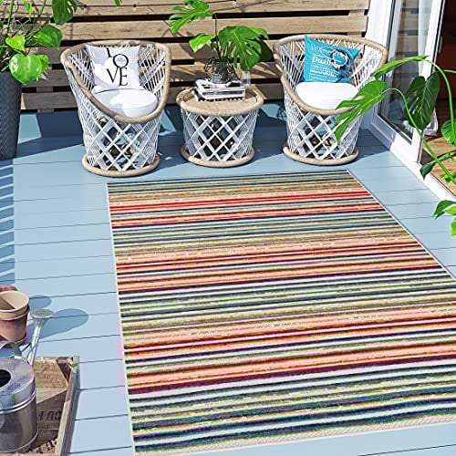Carpeto Rugs Streifenmuster Outdoor Teppich Wetterfest für Balkon, Terasse - Balkon Teppich Wasserfest - Outdoorteppich Wetterfest - Aussenteppich Terrasse Groß - Mehrfarbig Bunt - 140 x 200 cm