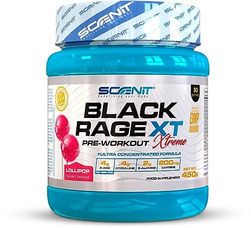 Scenit Black Rage Xtreme - 450 g (Lutscher) - Pre Workout Booster mit Koffein - Booster Pre Workout - mit 4.000 mg Arginin AAKG + 4.000 mg Citrullin + 2.000 mg B-Alanin - 200 mg Koffein - 30 Portionen