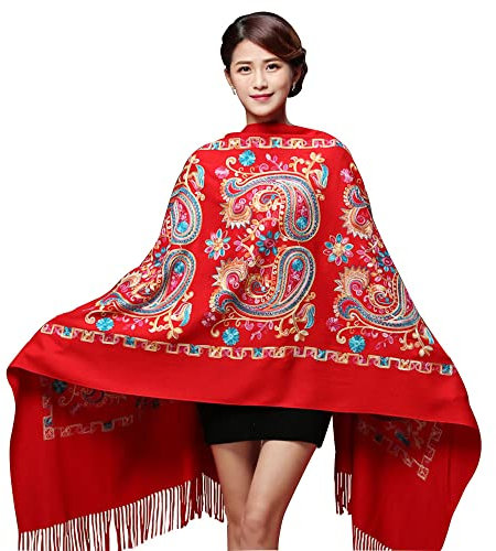 Qingzhuan Bufanda de Invierno para Mujer Caliente Mantas Cozy Pashmina Larga Chal con Borlas Mantón Pañuelo Abrigado Grandes Suave Chales Mantón Otoño Moda Invierno Elegantes Fulares Rojo