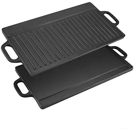 Plancha de Hierro Fundido Pre-sazonado, Reversible, con Asas Integrales, para Cocina de Inducción, Gas, Horno y Barbacoa