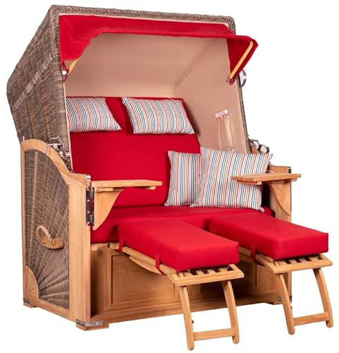 MR. DEKO® Strandkorb Seeblick 2-Sitzer Teakholz | PE Geflecht Grey | Volllieger verstellbar mit Fußablage | inkl. 4 Kissen + Wechselpolster | Strandkörbe Teak fertig montiert Strandstuhl (Dessin 585)