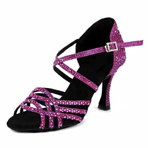 Syrads Donna Peep Toe Cross Strap Strass Tango Social Ballroom Scarpe da Ballo Latino Scarpe da Ballo per Feste di Matrimonio,Viola 9cm Heel,40 EU