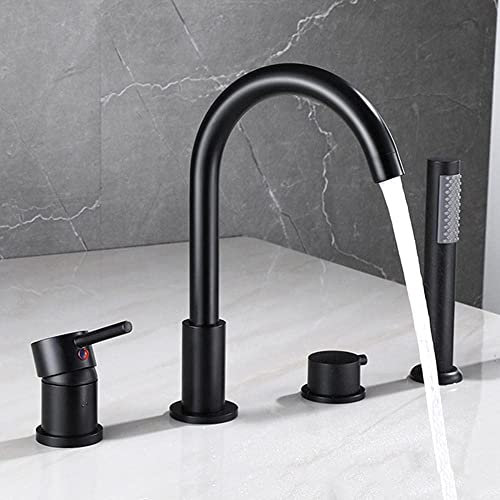 SXLSZ 4-Loch Wannenrandarmatur Wannenkombination Wannenarmatur Kalt und Kalt Multifunktions Wasserhahn Badewanne Armatur Badewannenarmatur mit Ausziehbarem Handbrause-Schwarz