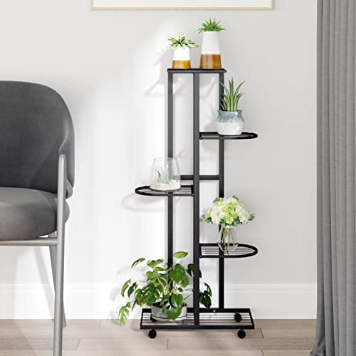 Festnight Blumenständer Metall 5-Etagen mit Rollen Blumenregal aus Eisen Pflanzenständer Metall für Garten Balkon Blumentreppen Pflanzenregalen Pflanzenregal Blumentreppe 44x23x100 cm Schwarz Eisen