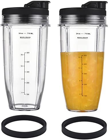 Lot de 2 gobelets de rechange de 710 ml pour mélangeurs Nutri Ninja avec couvercle amélioré pour BL450 BL454 BL480 BL482 BL640 BL642 BL682 BN801 SS101 SS351 SS401, Ninja Blender Auto IQ Blade