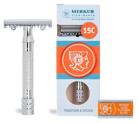MERKUR Rasierhobel 15C | Klassiker mit Zahnkamm Glanzchrom | Dreiteiliger Rasierer mit geradem Schnitt | Offener Kamm | Ideal für Nassrasur | Zinkdruckguss | Messing Griffstück | Made in Germany