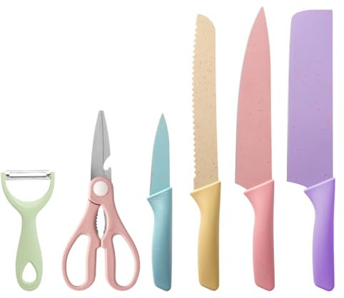 TJ POP Buntes Küchenmesserset 6 PCS, farbiges Messerset mit Antihaftbeschichtung, Kochmesserset zum Kochen, Camping, Reisen, Picknick, Grillen und Wohnmobil
