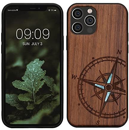 kwmobile Hülle kompatibel mit Apple iPhone 12 / iPhone 12 Pro Hülle - Holz Case - Handy Cover - TPU Handyhülle in Dunkelbraun Vintage Kompass mit Perlmutt