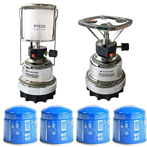 PROWELTEK - Kit Lampe à gaz 140W + Réchaud à gaz coque inox allumage piezo + 4 cartouches 190gr