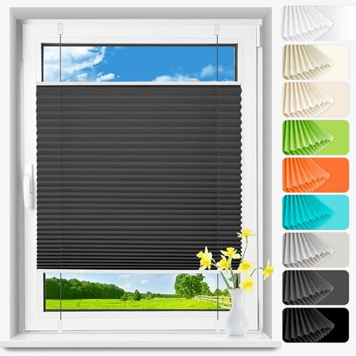 Allesin Plissee ohne Bohren Klemmfix, Schwarz 55x120 cm(BxH), Plisseerollo Sicht-und Sonnenschutz, Easyfix Faltrollo mit Klemmträger, Jalousie für Fenster & Tür