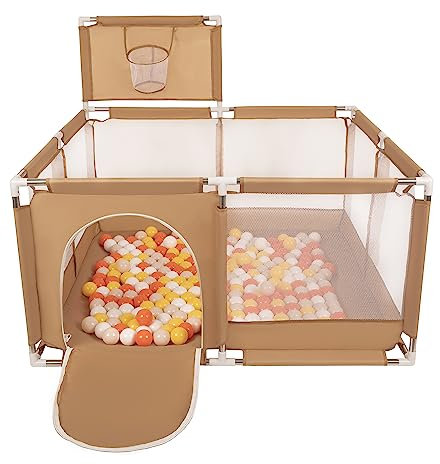Selonis Parc Bébé Avec 200 Balles Plastiques Aire De Jeu Pliable Basket, Beige : Jaune/Orange/Beige Pastel/Blanc