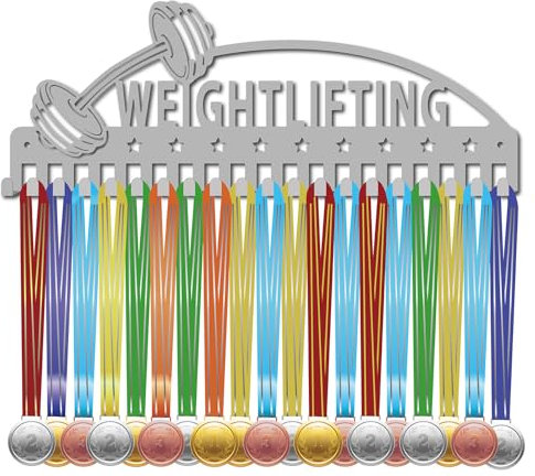 CREATCABIN Gewichtheben Medaillenhalter Display Tanz Medaillenaufhänger Rack Sport Metall Hängende Auszeichnungen Eisenmontage Dekor Mit 20 Haken Für Wand Laufen Gymnastik Schwimmen Silber 40x15cm