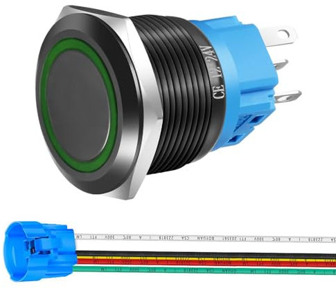 Gebildet 22mm Edelstahl-Taster, 12V–24V, LED, 1NO1NC, SPDT, ON/Off, Wasserdichter Knopf mit Kabelsteckdose (Grün LED und schwarzes Gehäuse)