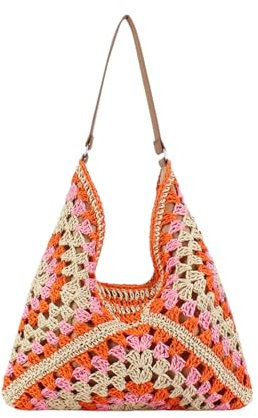 Stroh-Tragetaschen für Damen, Vintage-Hobo-Tasche, Designer-Strandtasche, Schultertasche, alles, Handtasche, Urlaub, Sommer, Pink, Einheitsgröße