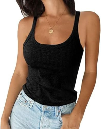 flintronic Camiseta sin Mangas para Mujer, Tank Top Mujer Verano, Tirantes Básica Shirt, Top de Cuello Redondo, Sexy Sólido Casual Chaleco Tops, Negro-M