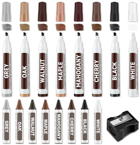 Penriter 17pcs Kit de réparation de meubles, Marqueurs de Réparation pour Meubles en Bois, Lot de 8 Feutre Retouche Bois + 8 Bâtons de Cire avec kit d'affûtage, pour Taches, Rayures, Sols, Tables