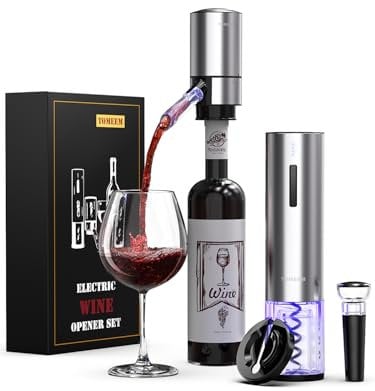 TOMEEM Elektrischer Weinöffner Set - Folienschneider, Weinbelüfter und Vakuum-Weinverschluss, Weinöffner Set, Korkenzieher Wein Silber für Hausbar und Partys im Freien