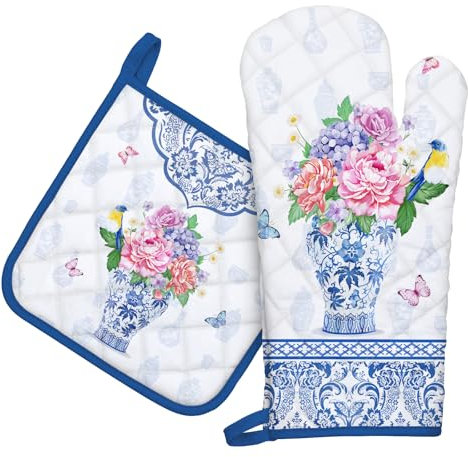 Arquiel Guanti Da Forno Presina Set Di 2, 100% Cotone Addensare Guanti Da Forno A Microonde, Presine Da Cucina Morbida Resistenti Al Calore Per Arrostire, Cuocere(blu e bianco)