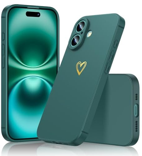 Togestar Compatible with iPhone 16 Phone Case for Women Girls Silky Soft Silicone Protective Shockproof Case Cover with Gold Heart Pattern Design, Green