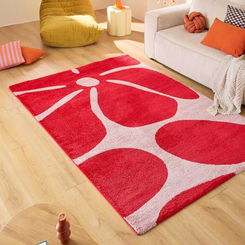 Nazar Teppich Groovy, bunt, Vintage, Retro, geometrisch, Orange, Gelb, Rosa, Rot, flauschig und bequem, Wohnzimmerteppich (385 Rouge, 120x160 cm)