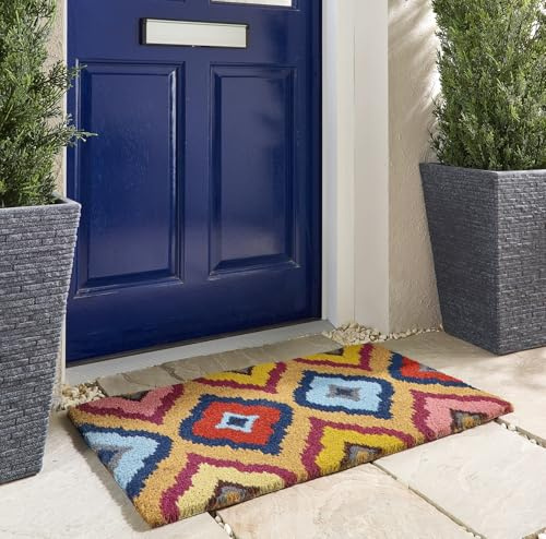Printed Coir Door Mat for Home Entrance Indoor and Outdoor, Patio, Balcony Non-Slip Durable Natural Coconut Fiber Doormat in 45x75 cm Bright Ikat