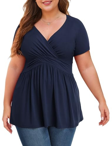 Anelune Plus Size Tops for Women, Short Sleeve Tunic Blouse, Navy Blue, XL