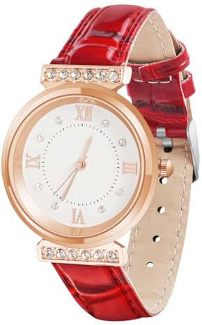 OFFCUP Montre pour Femme, Montre Femmes Bracelet en Cuir, Montre Analogique Quartz avec Cadran et Diamant 3 Aiguilles, Montre de Poignet pour Ladies Mode Élégant pour Femmes Filles (Rouge)