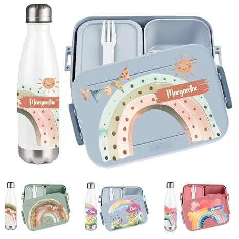 wolga-kreativ Pausenset personalisierte Vesperdose Kinder und Trinkflasche Thermo Edelstahl mit Namen und Regenbogen Motiven Brotdose mit Fächern und Unterteilung für Schule und Kindergarten