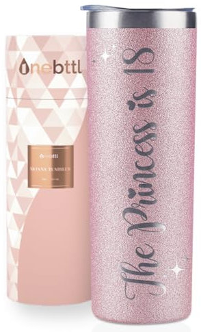Onebttl 18th Birthday Gifts for Girls, Women, Her, 20oz/590ml Stainless Steel Insulated Tumbler with Straw & Lid - The Princess is 18 (Glitter Rose Gold)