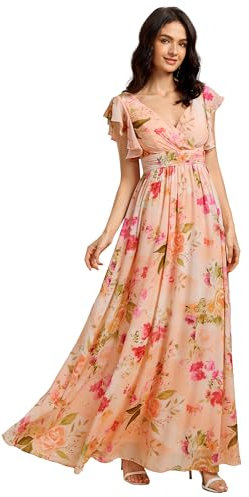 Ever-Pretty Abito Donna Sera con Schiena Scoperta Maniche Arricciati Chiffon Scollo a V Pieghe Abiti da Damigella d'Onore Elegante Stampato Pesca 36