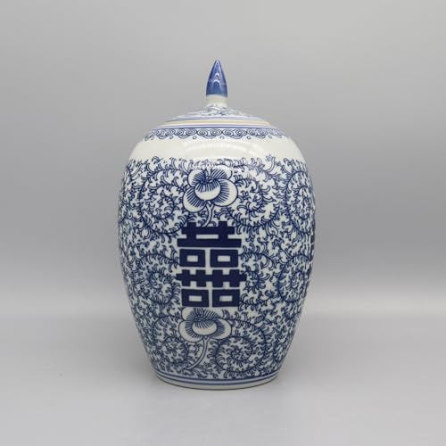 Traditionelles Ingwerglas aus Keramik, Blau und Weiß, doppeltes Glück-Design, dekorative Vase mit Deckel