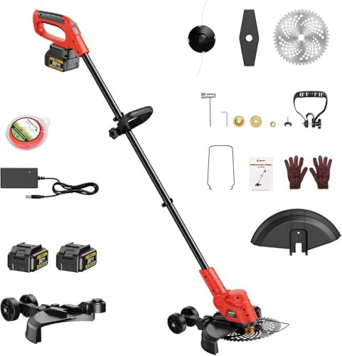 Conentool 24V Cordless Strimmer - 300mm Maximum Trimming Diameter Grass Trimmers with 2 * 4000mAh Batteries and 9 Inch Cutting Blade, Garden Strimmers, 1000W Brushless Motor (Red)
