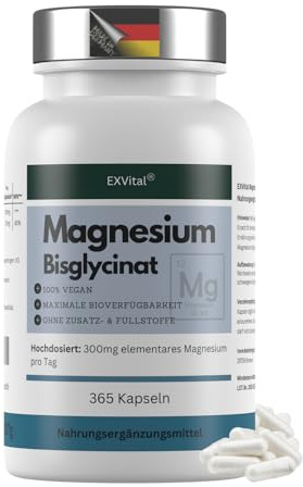 Magnesiumbisglycinat, 365 vegane Kapseln – 300 mg elementares Magnesium pro Tagesdosis, Magnesiumglycinat, hochdosiert & ohne Zusatzstoffe