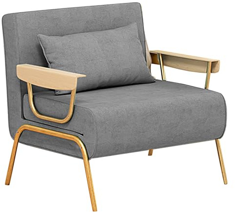 Gray Folding Sofa Bed with Foam Mattress & Oak Armrests, 6-Position Adjustable Backrest Sleeper Chair - Perfect Extra Bed for Guests in Living Room (186x83x30cm)