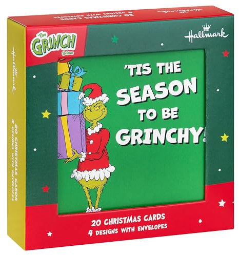 Hallmark Kids Christmas Card Multipack, 20 Cards, 4 Grinch Inspired Designs | Includes White Envelopes, Measures H9.5cm by W9.5cm, Green & White Colours, Modern Style, Recyclable Materials