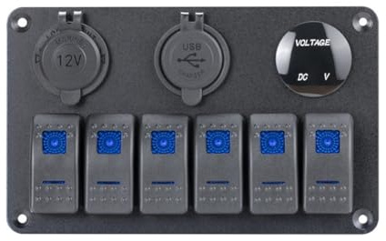 Qusedwey Panel de Interruptor Basculante Marino de 6 Bandas, Resistente Al Agua, 12 Voltios, Panel de Interruptor de Palanca para, 12 V, Luz LED Azul para, Automóvil, RV, UTV