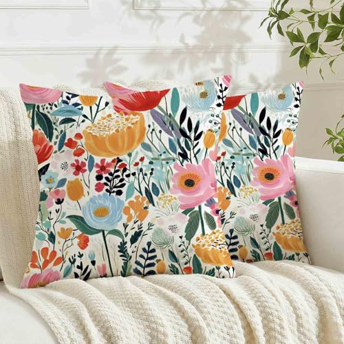 Avalune Kissenbezug Frühling 40x40 Blumen Blau Kissenbezüge Sommer Kopfkissen Outdoor Kissenhüllen Bunte Sofakissen Bezug Zierkissenbezüge Wohnzimmer Garten Sofa Couch Deko，2er Set
