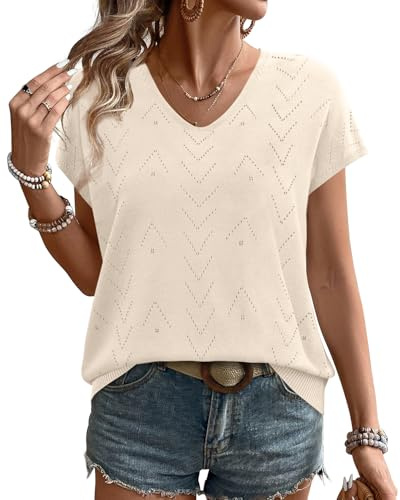 WIHOLL Short Sleeve Jumper for Women V Neck Summer Tops Ladies Lightweight Knittted Shirts Beige Size 10-12