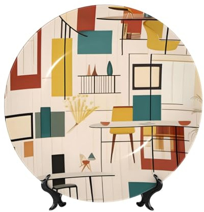 PHAYAH Mid Century Dekorativer Teller aus Knochenporzellan, modernes Muster, 17,8 cm, dekorative Teller mit Präsentationsständer, runde Speiseteller für Zuhause, Büro, Dekor