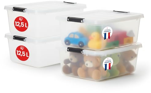 Iris Ohyama Aufbewahrungsboxen mit Deckel, 12.5 L, 4er-Set, FTB-12.5 | Transparent, BPA-freies Plastik-Box, Kleiderboxen Stapelbar, Verschlussclips, Robust, Kunststoff Organizer, Kiste Lagerbox