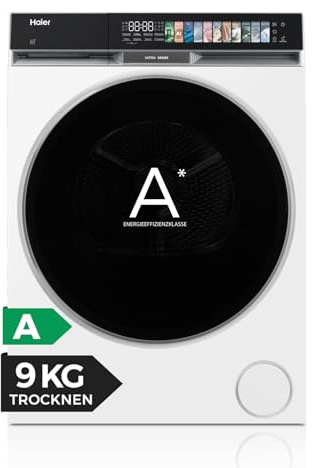 Haier Wärmepumpentrockner 9kg G9 Serie HD90-A687U1 | Klasse A, AI Power Inverter Motor, Ultra Sense, Pillow-Schontrommel, Automatikprogramm & Hygiene-Option, I-Refresh, HOn App
