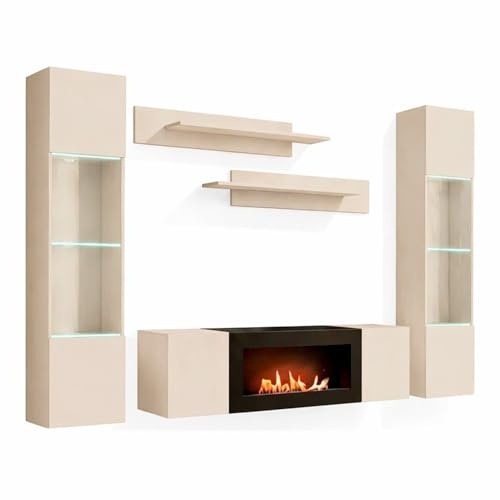 Parete Attrezzata Sospesa Con Biocamino Mobile Porta TV Pensili Vetrine LED Mensole Moderno Living Arredo Salotto Contemporaneo Libreria Contenitore Apertura Push Pull 260x 170x 40 Cm (Cashmere)